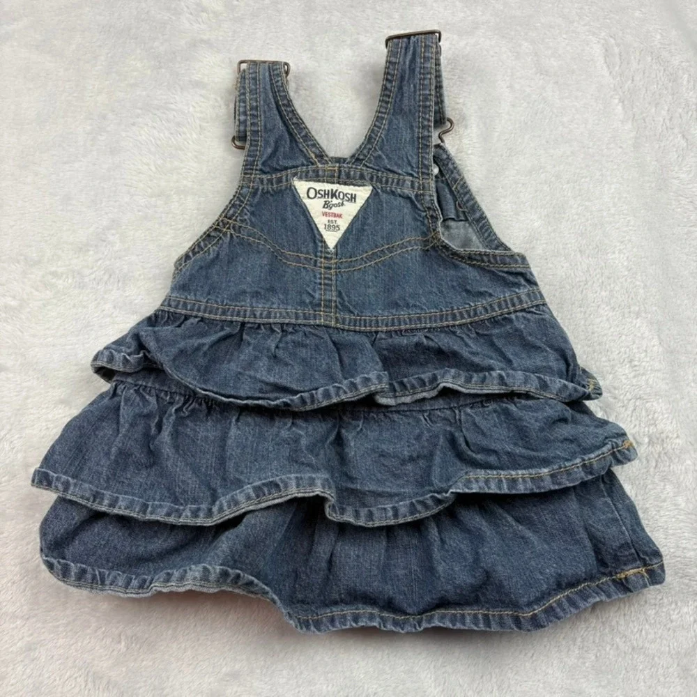 Vintage OshKosh Denim Overall Dress 9M‎ Vestbak Ruffle Tiered Skirt Baby